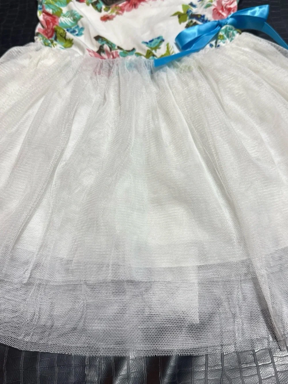 Floral White Tulle Party Dress with Blue Bow